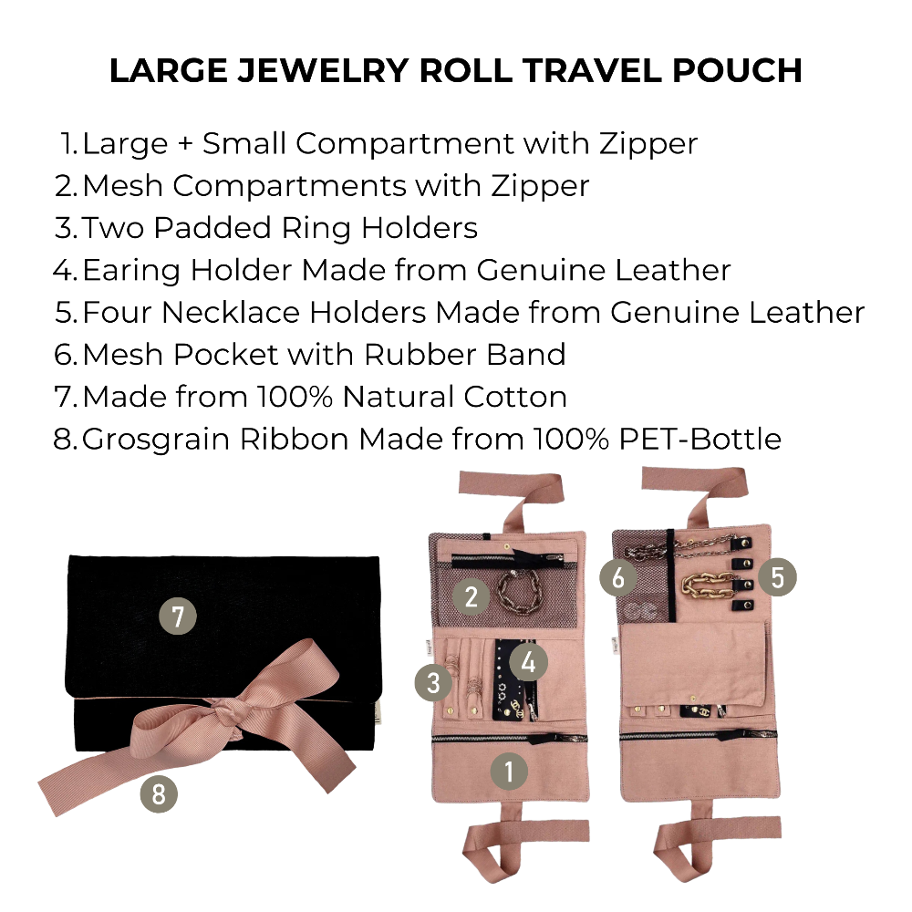 Large jewelry roll travel pouch with features listed and images of the product.