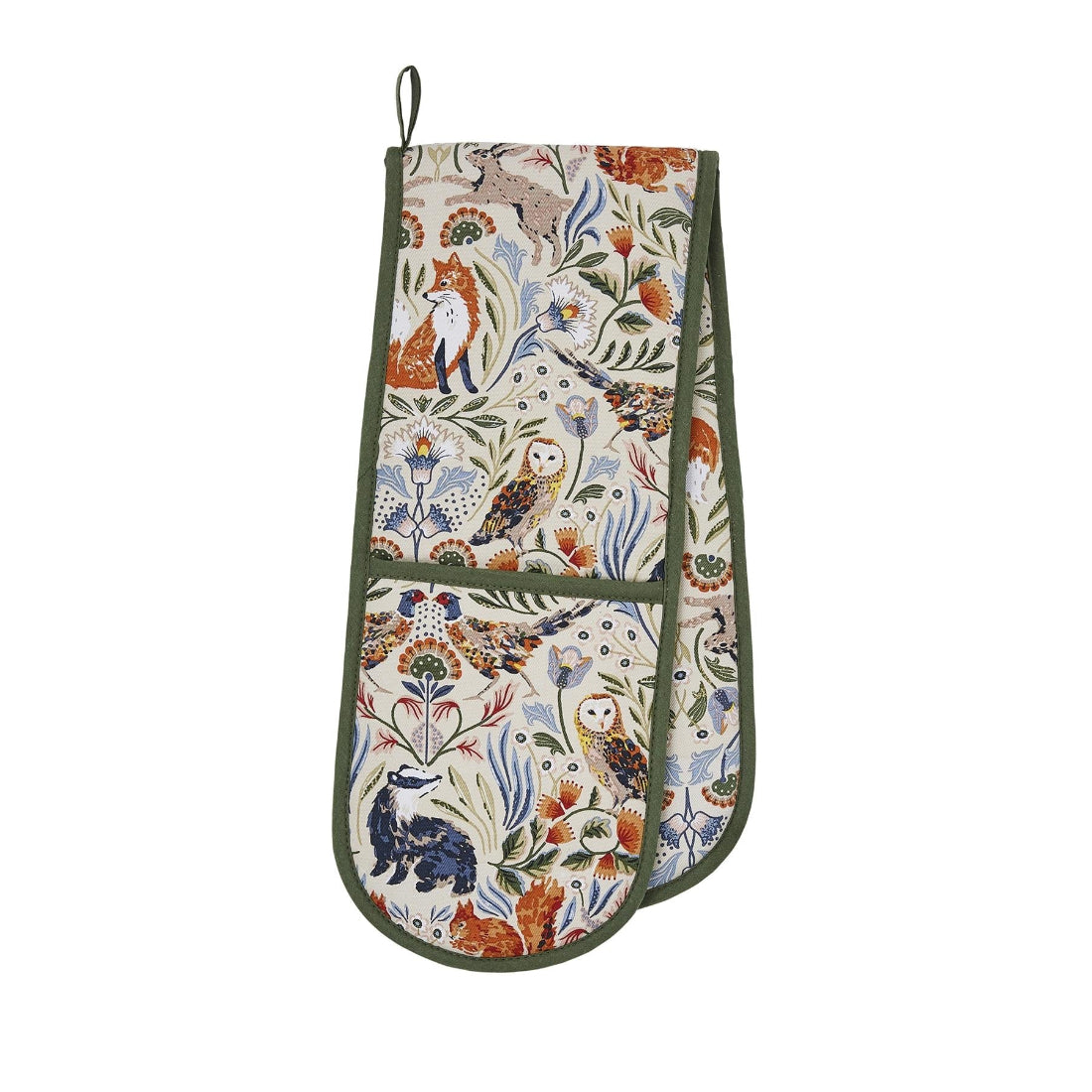 Oven mitt with nature-themed design featuring animals and flowers on a white background