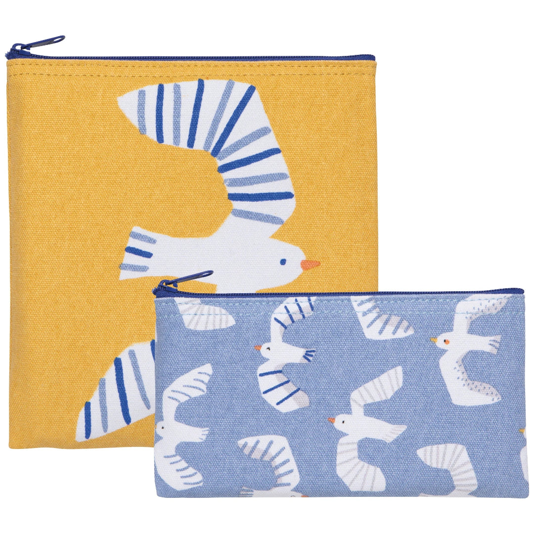 Two pouches with bird patterns on a white background