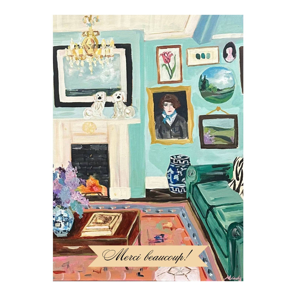 Illustration of a cozy living room with decorative elements and 'Merci beaucoup!' text.