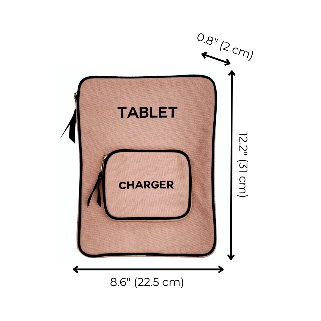 Measurement chart of a pink travel pouch with labeled compartments for a tablet and charger.