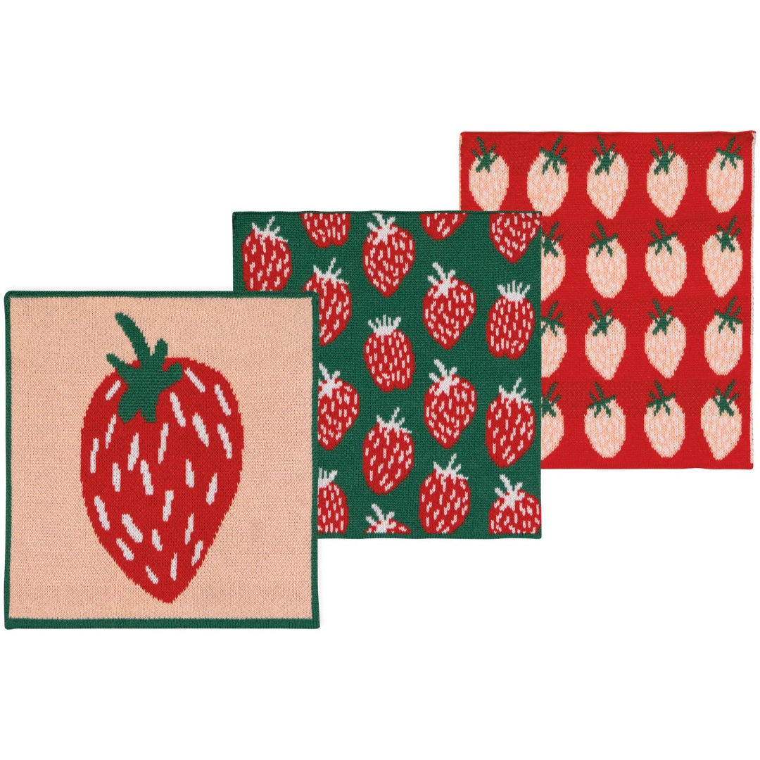 Set of three strawberry-patterned dishcloths.