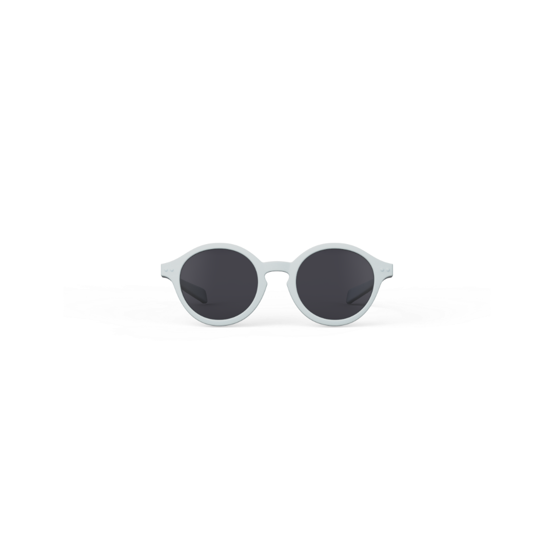 Sunglasses with light blue frame and dark lenses on a white background