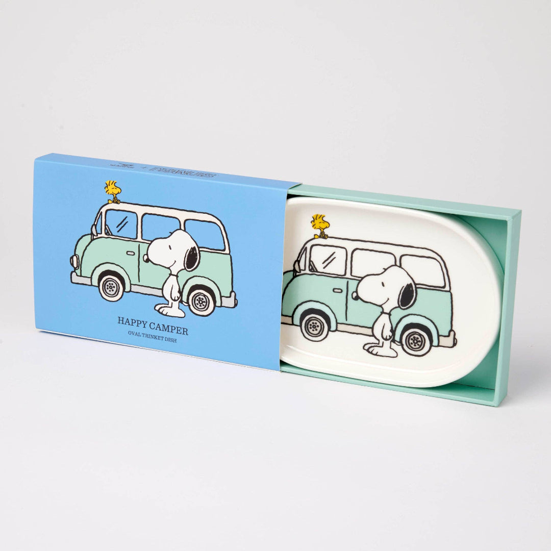 Snoopy and Woodstock with a van design on a plate and packaging.