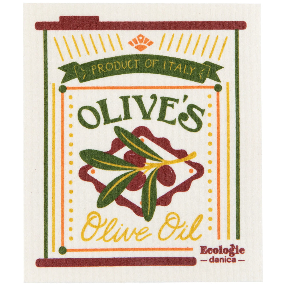 Olive oil label with 'Product of Italy' and 'Olives' Olive Oil' text, featuring an olive branch design.