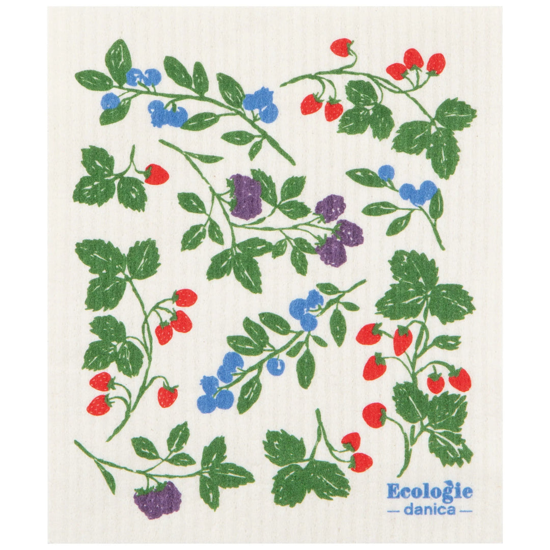 dishcloth with a pattern of berries and leaves, featuring the brand 'EcoLogie danica'.