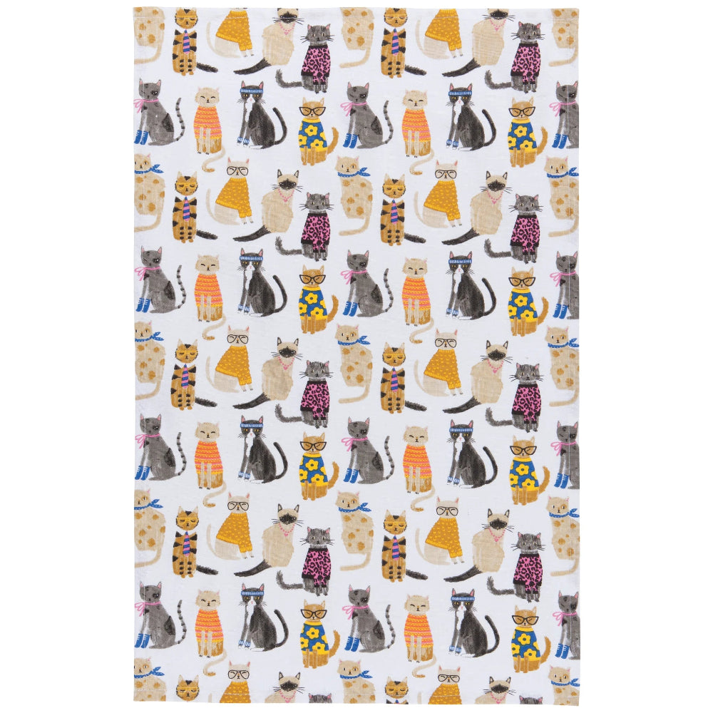 Patterned fabric with cartoon cats in various outfits on a white background