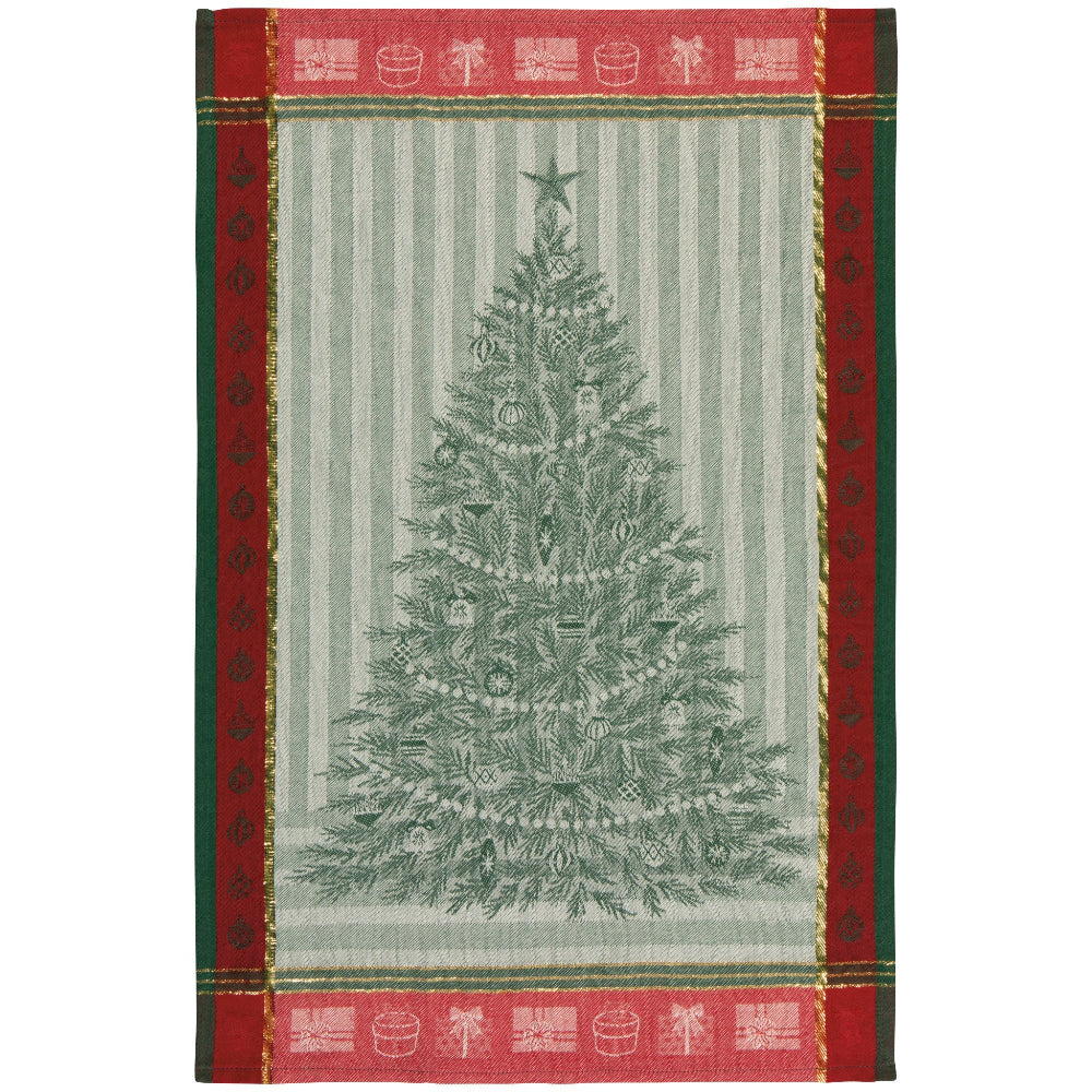 Decorative towel with a Christmas tree design on a striped background