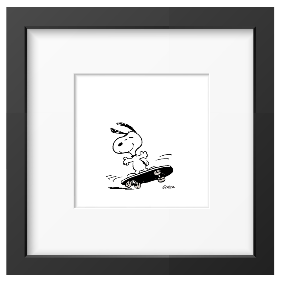 Framed black and white illustration of snoopy character riding a skateboard.