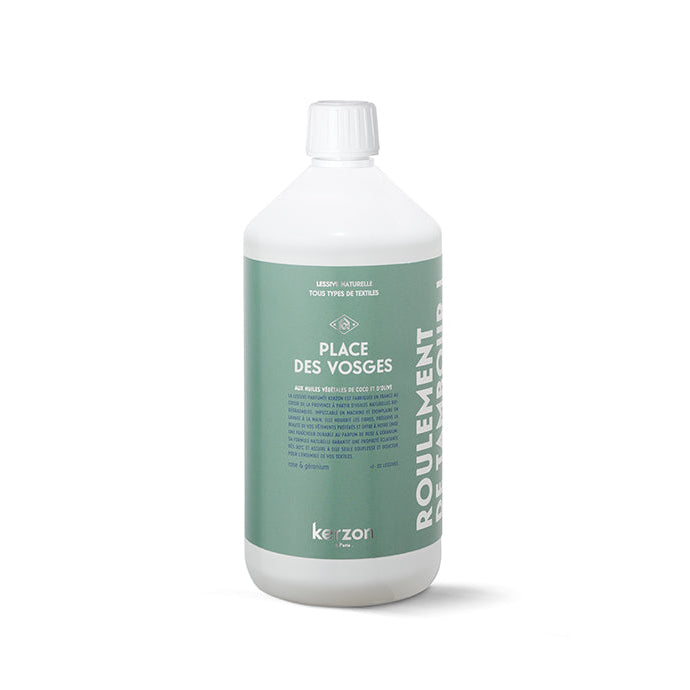 A white bottle of Kerzon Place des Vosges fragranced laundry soap with green label text and branding.