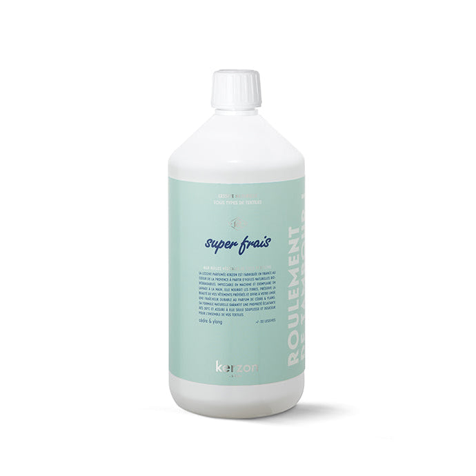 A bottle of Kerzon Super Frais Fragranced Laundry Soap with a label in shades of blue and white, with text and branding.