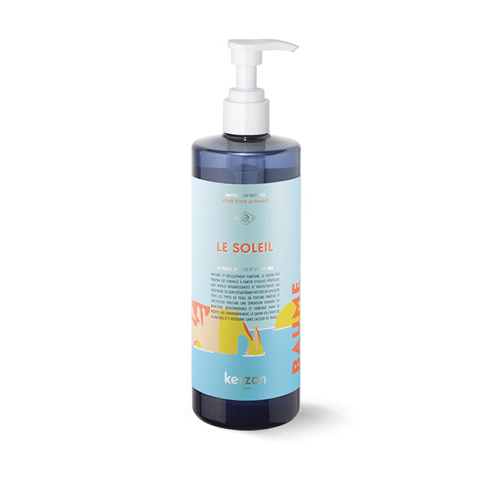A pump bottle of Kerzon Le Soleil Liquid Soap with a label featuring a colorful design and text.