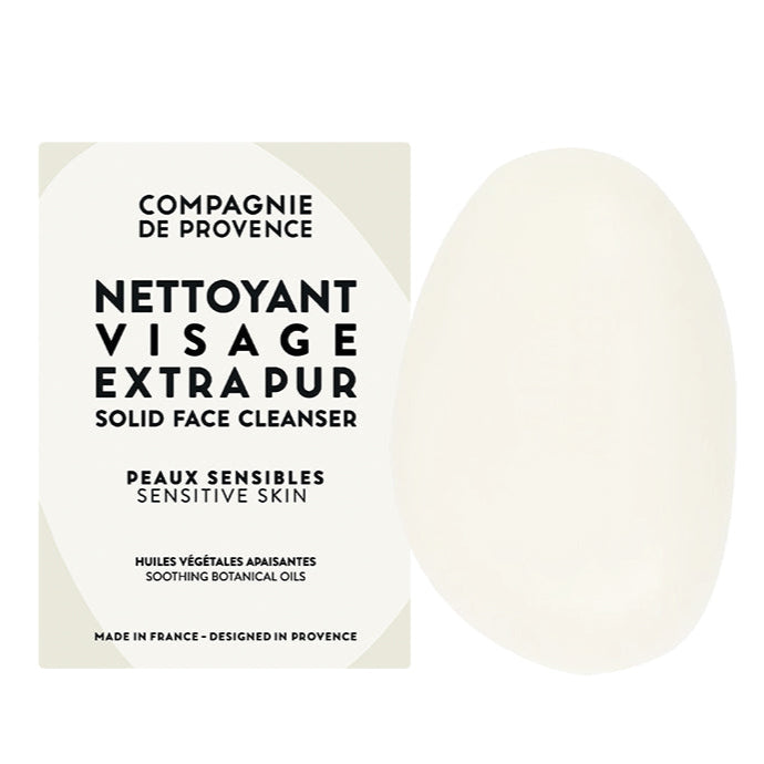 Packaging of Compagnie de Provence Extra Pure Solid Face Cleanser, labeled for sensitive skin with organic ingredients.