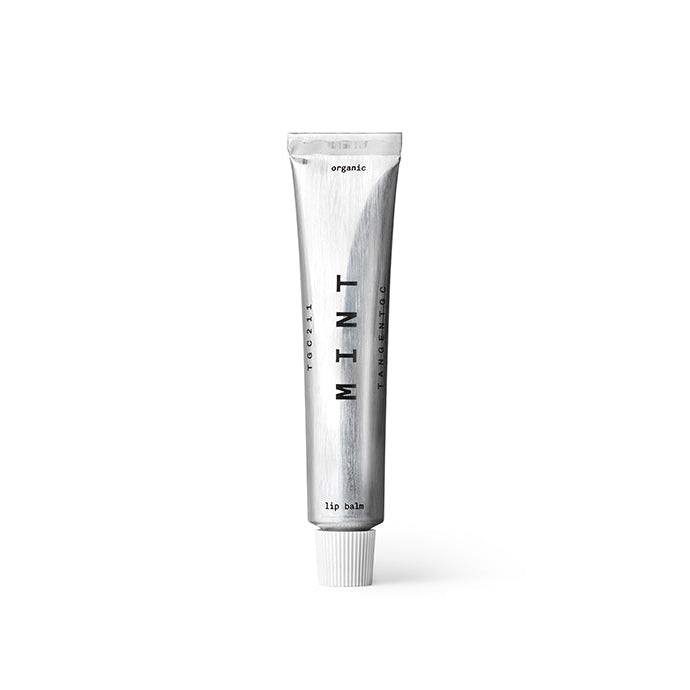 Silver lip balm tube labeled 'Mint' on a white background