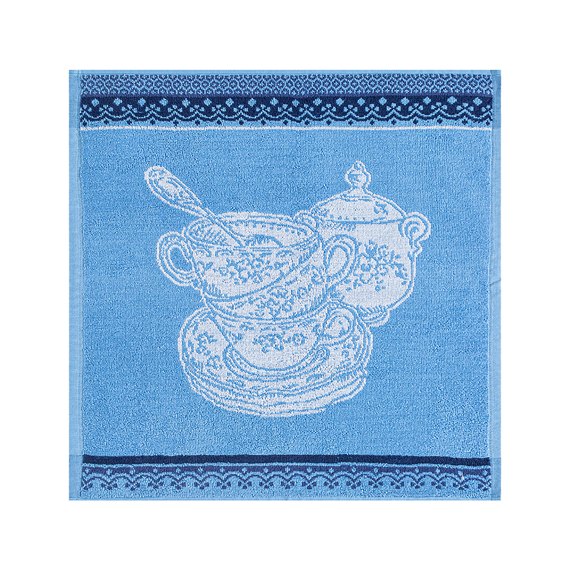 A blue and white cotton terry tea towel with a printed design of a cup and spoon.