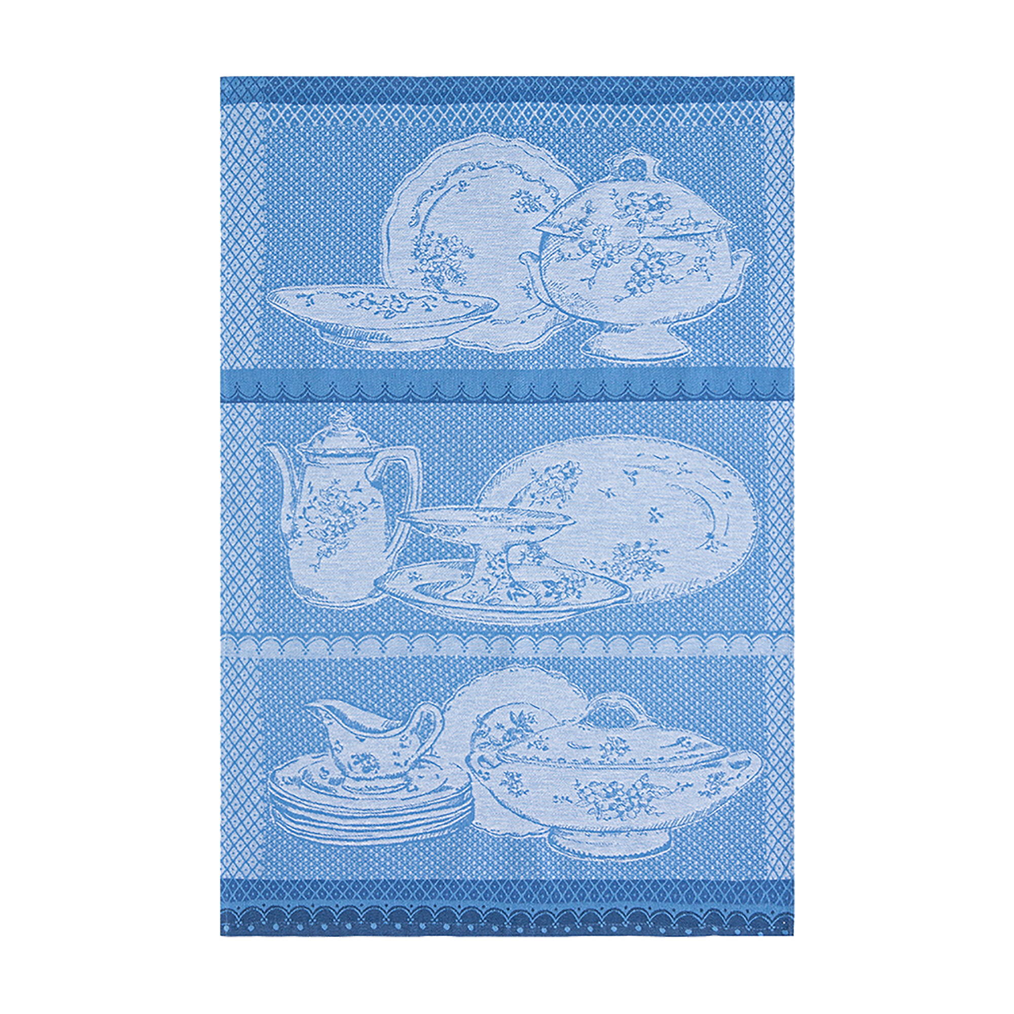 A blue and white 100% cotton tea towel with floral patterns and a depiction of a bird and antique-style tableware.