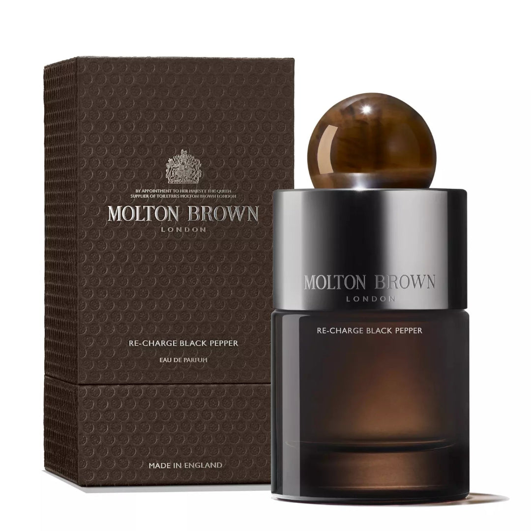 Molton Brown Re-Charge Black Pepper perfume bottle and packaging on a white background
