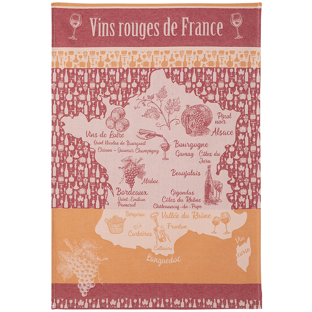 A multicolored cotton tea towel with a graphic depicting various wine regions of France and text related to wine.