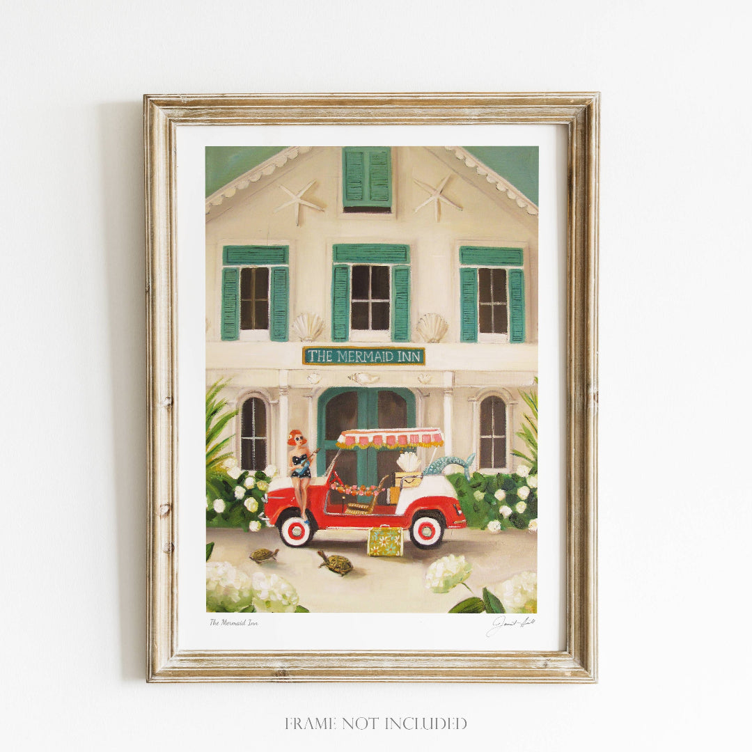 Framed artwork of a house with a red car and people outside, on a white background.