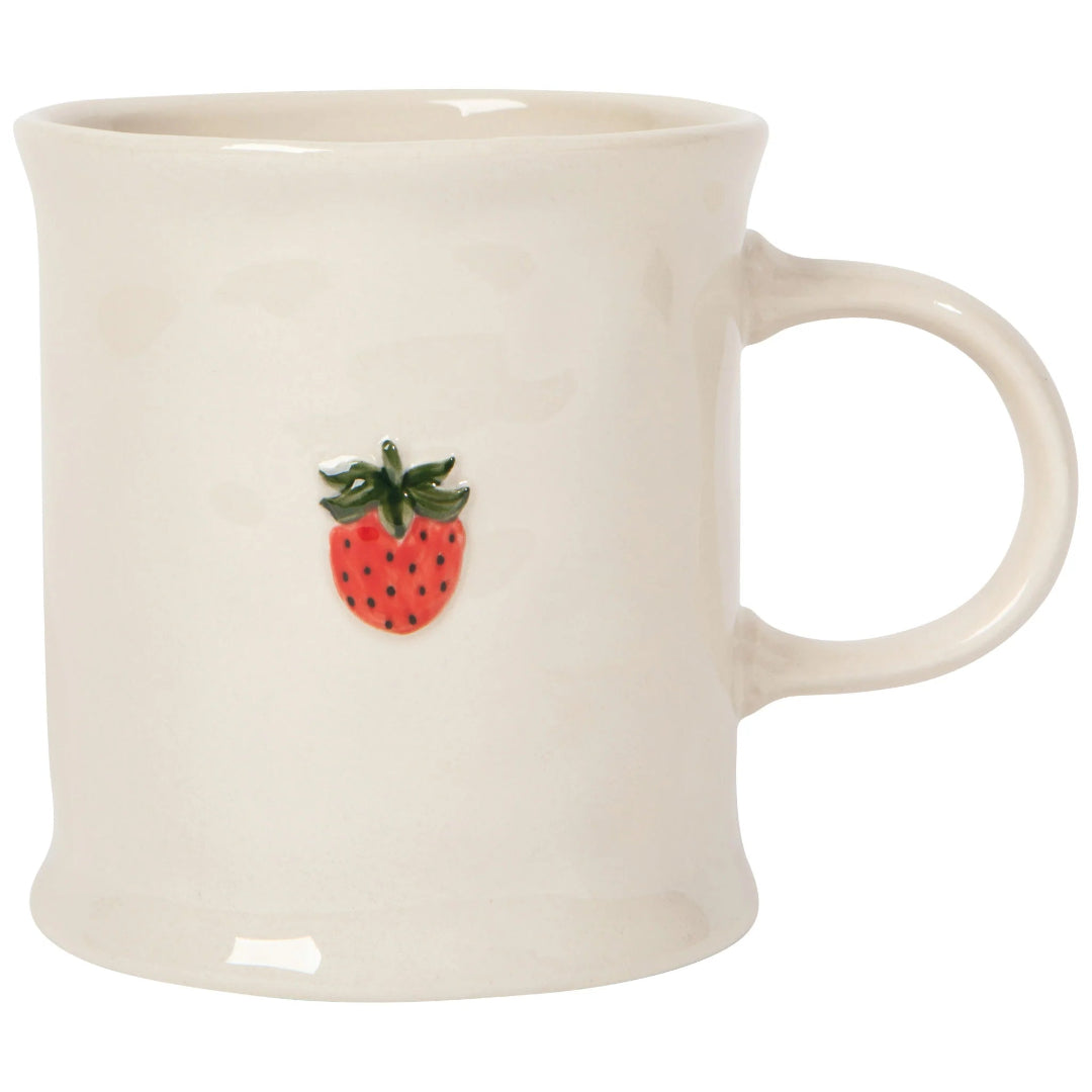 White mug with a strawberry design on a white background