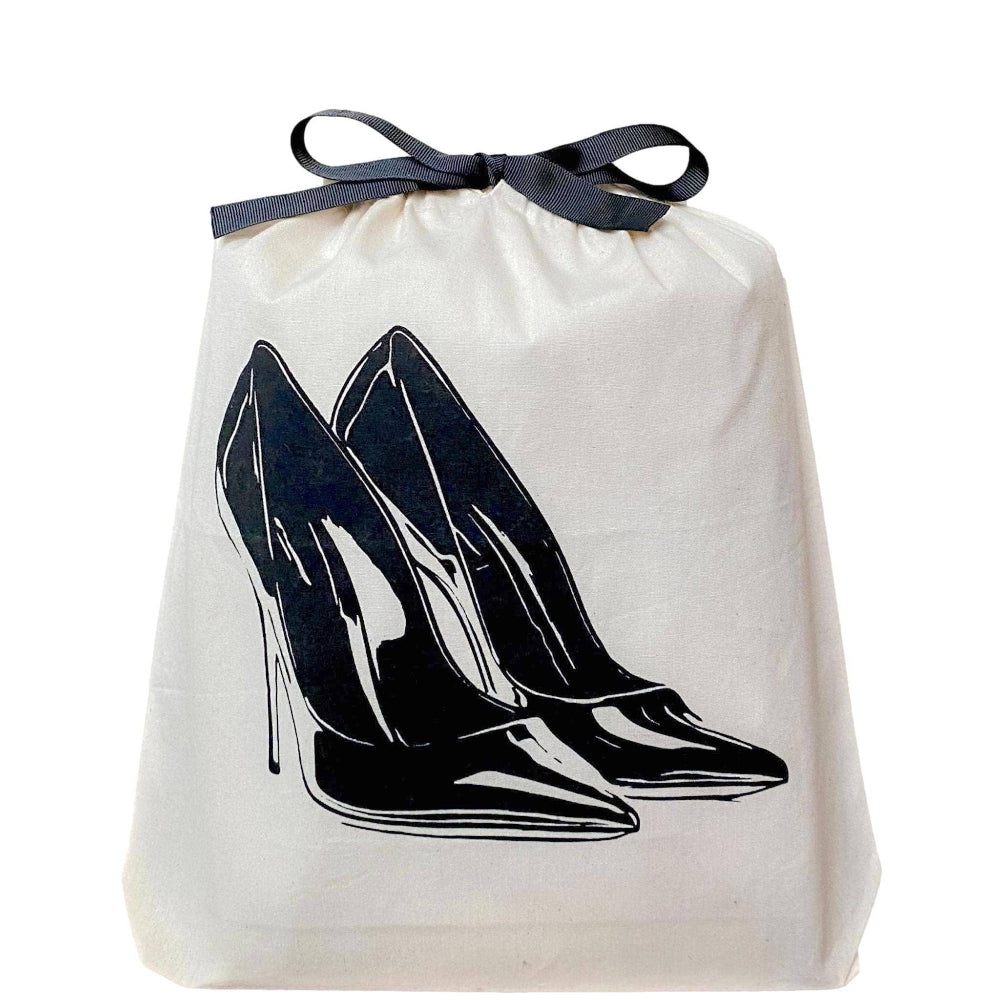 A cream-colored shoe bag with a drawstring closure, featuring a printed silhouette of high heels.