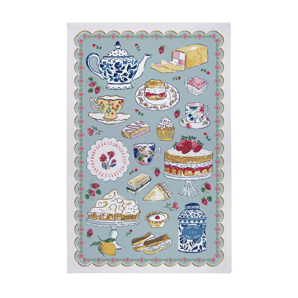 A tea towel with a floral border and an afternoon tea theme, featuring illustrations of teacups, cakes, and other tea-related items.