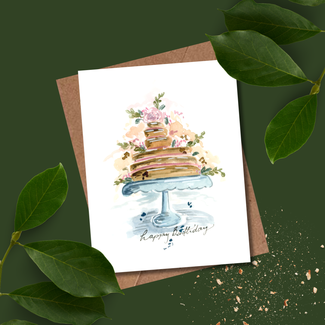 Greeting card with a cake illustration and 'Happy Birthday' text on a green background with leaves.