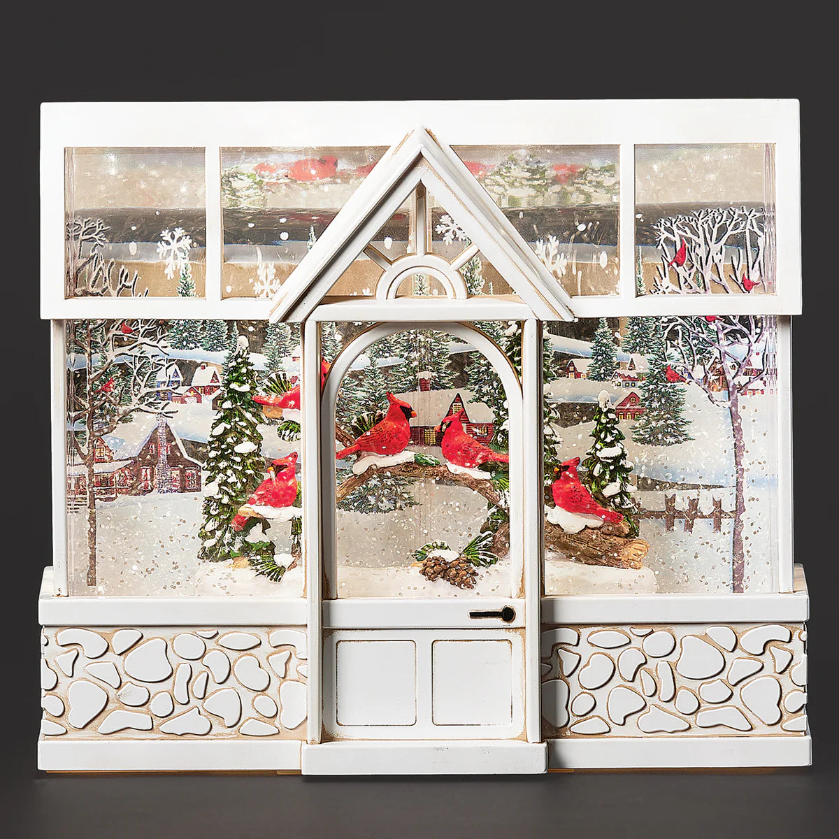 Lighted Cardinals in White Greenhouse