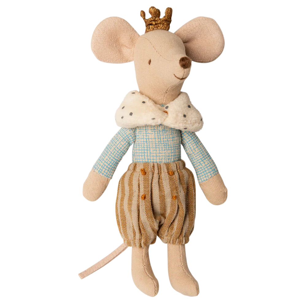 Stuffed toy mouse dressed in a outfit with a crown on a white background