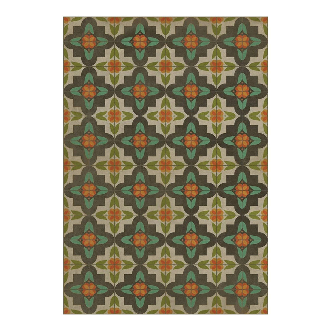 Patterned rug with geometric design on a plain background