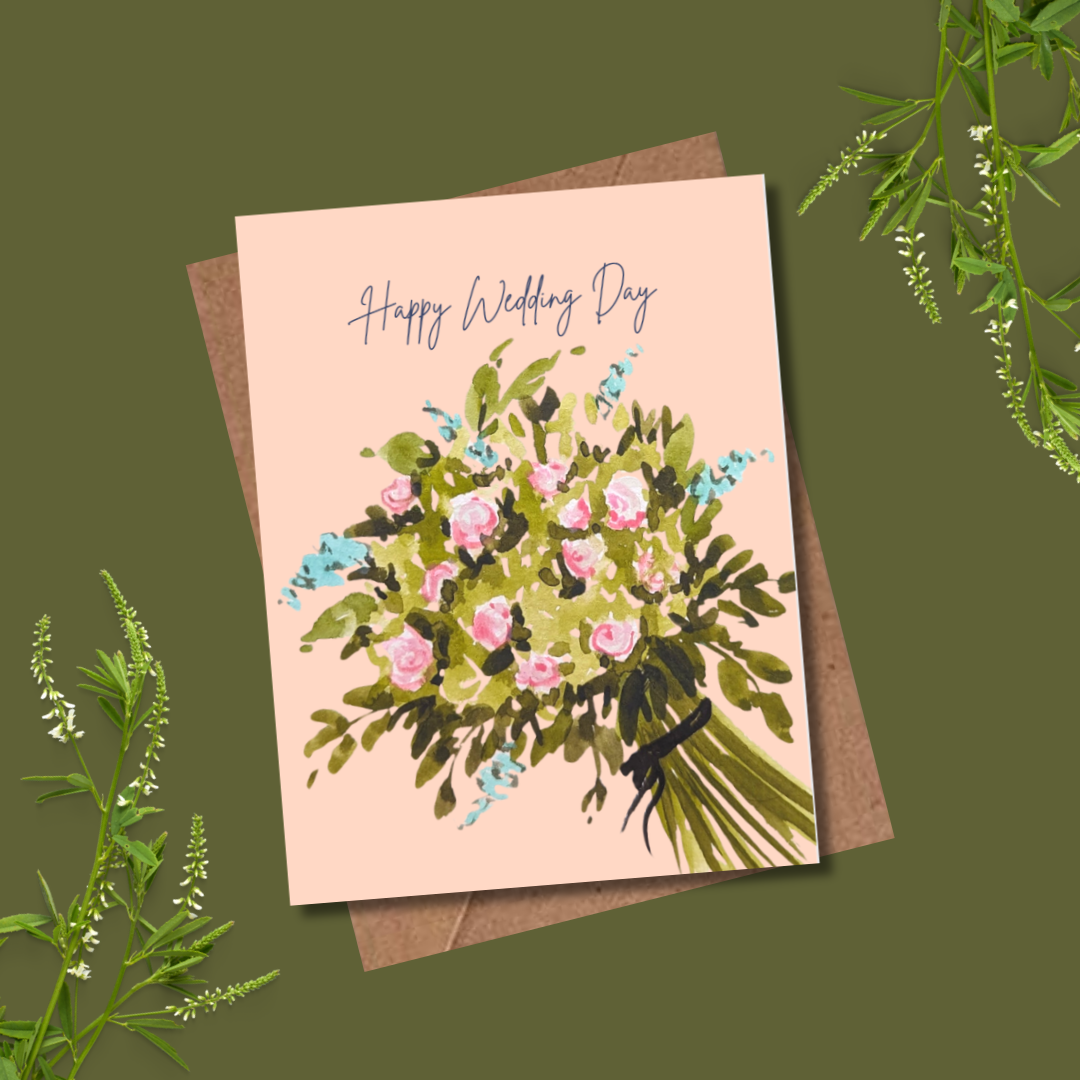 Greeting card with floral design and 'Happy Wedding Day' text on a green background