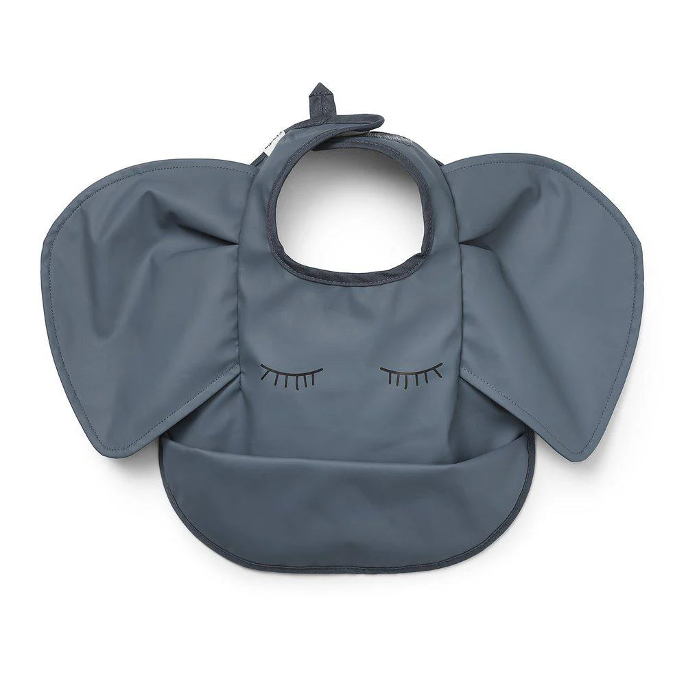 A gray baby bib with an elephant design, featuring a pocket and adjustable neck straps.
