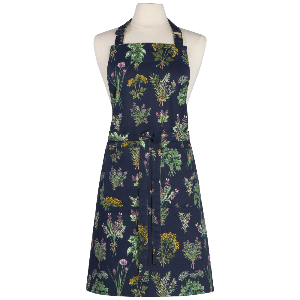 Navy apron with floral herb pattern on a white background