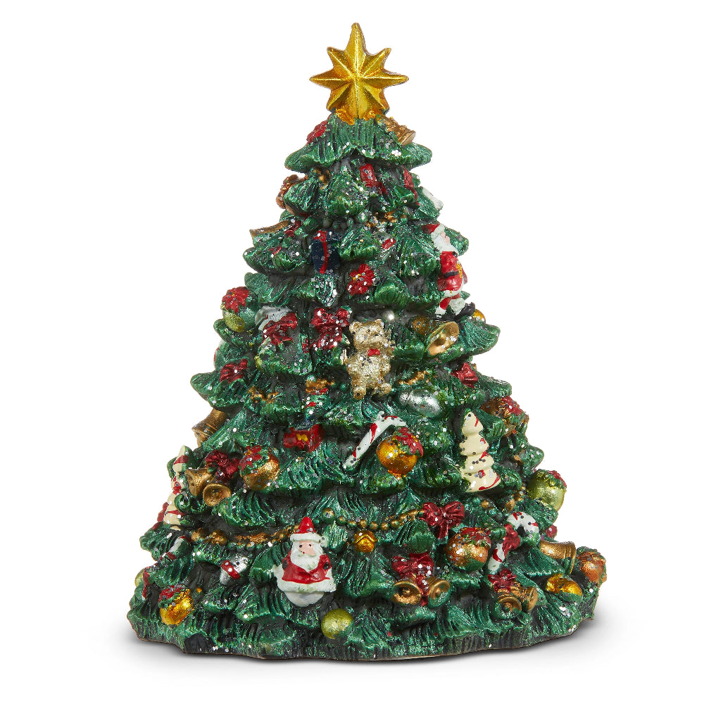 Decorative Christmas tree figurine with ornaments on a white background