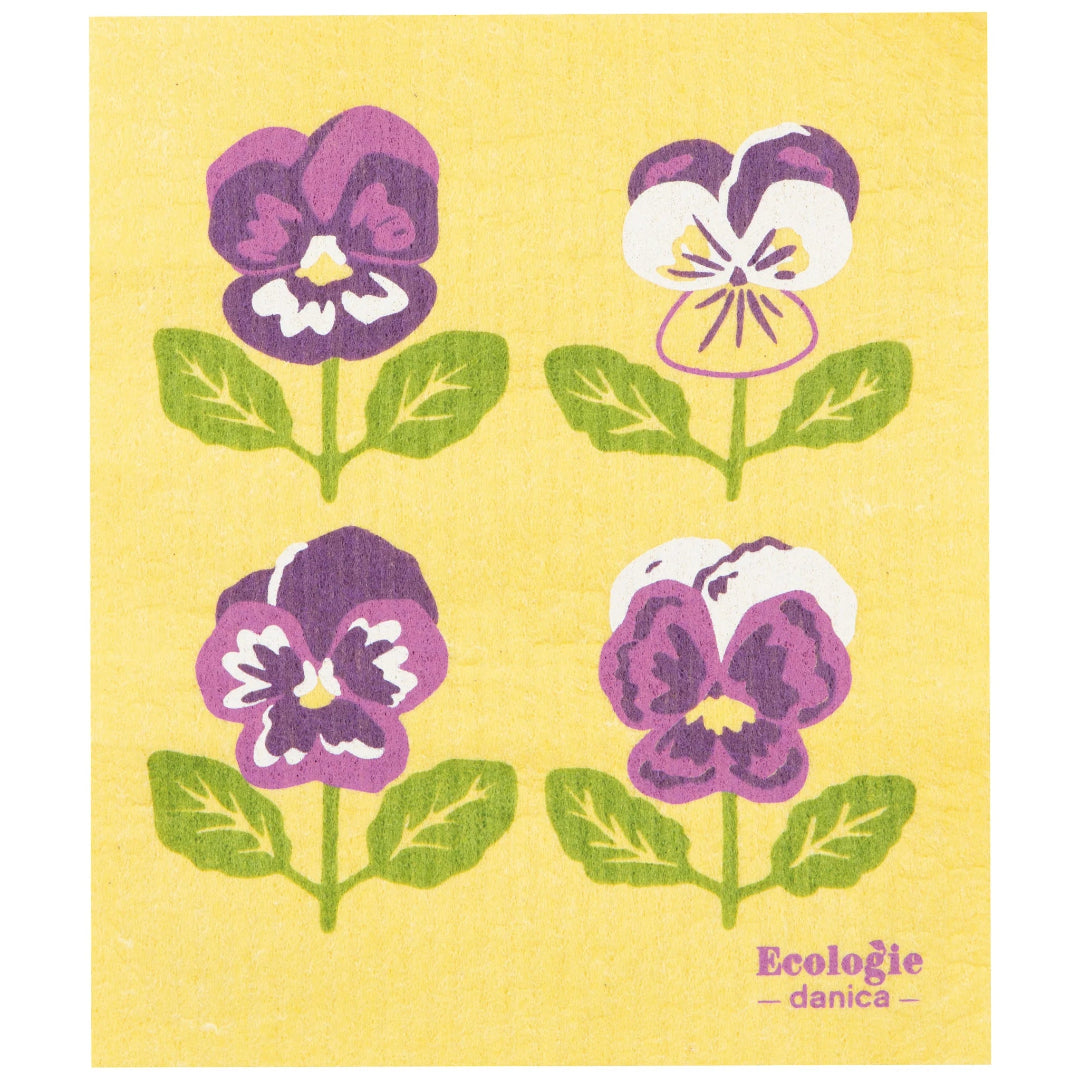 Yellow dish cloth with purple and white floral patterns and 'Ecologie danica' branding.