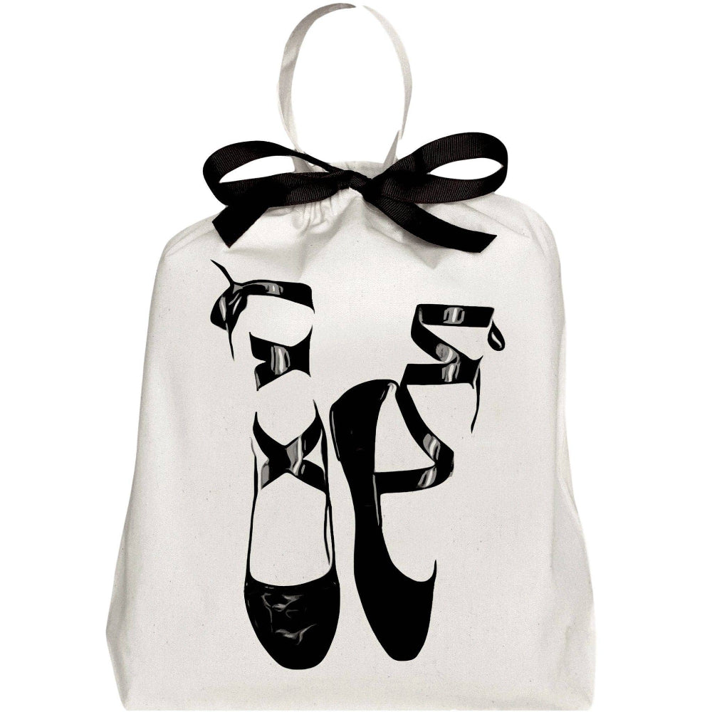 A white cream-colored shoe bag with a handle, featuring black text that resembles a pair of ballet shoes on the front.
