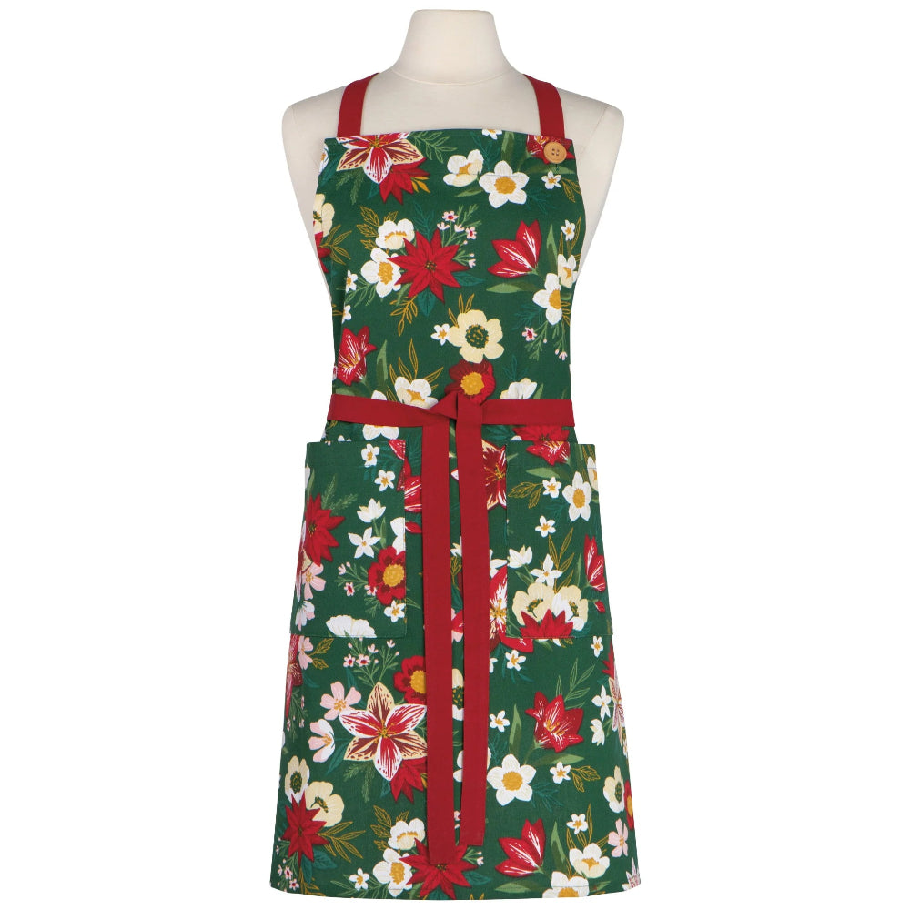 Floral apron with red accents on a mannequin against a white background