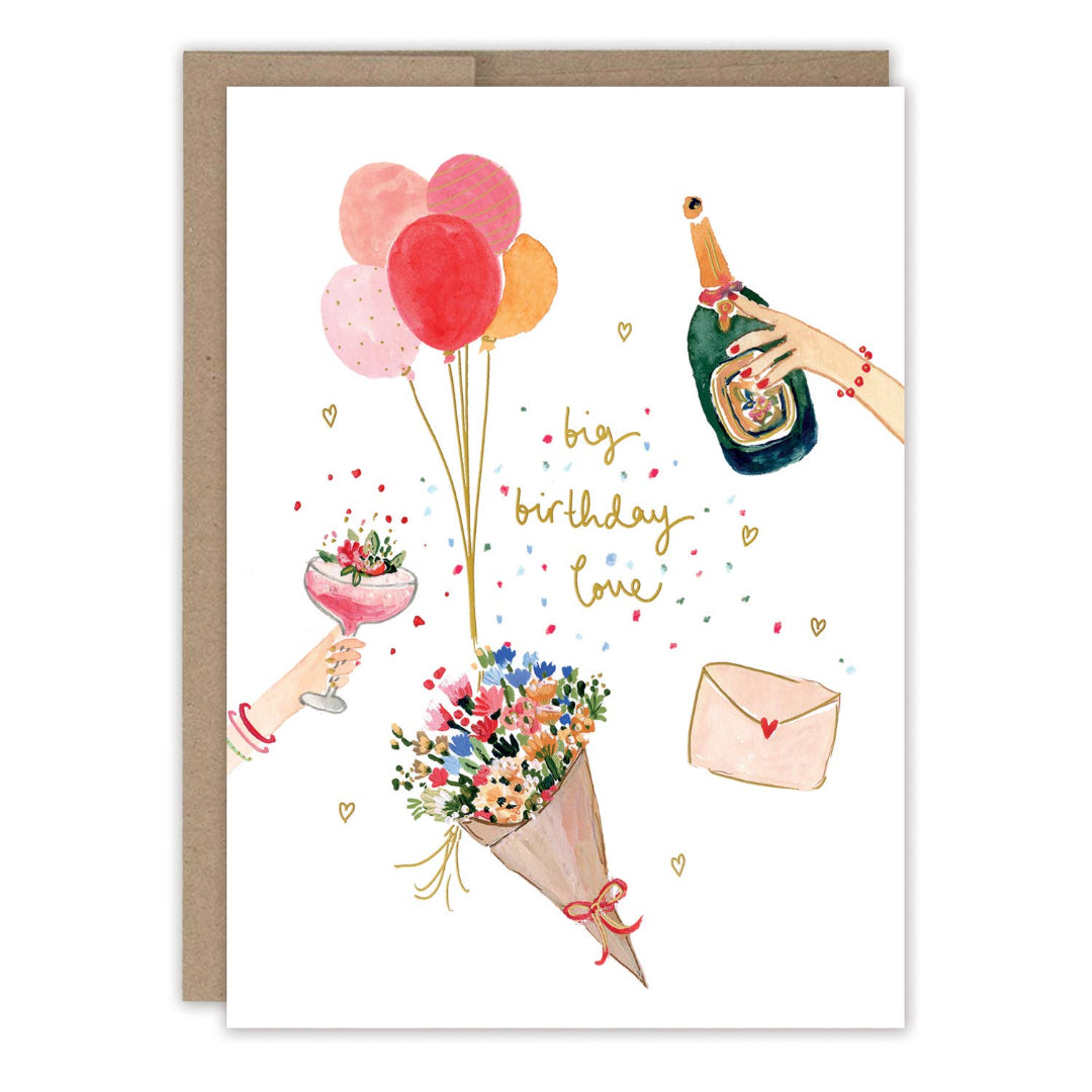 Greeting card with illustrations of balloons, flowers, a bottle of champagne, and hands holding a glass and envelope.