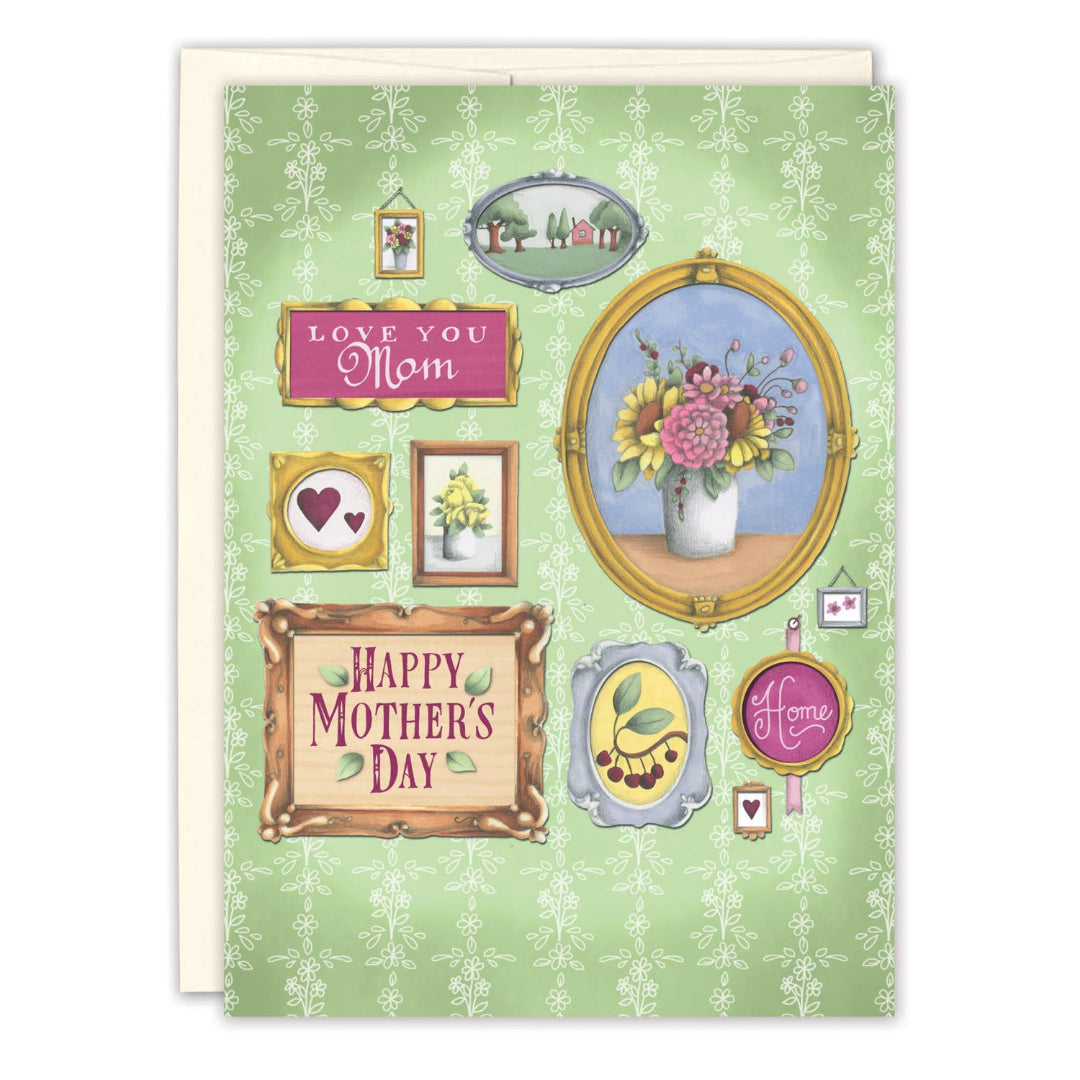 A greeting card with a Mother's Day theme, featuring various illustrations including a vase of flowers, a heart-shaped picture, and text phrases such as 'Happy Mother's Day' and 'I love you Mom' on a green background.