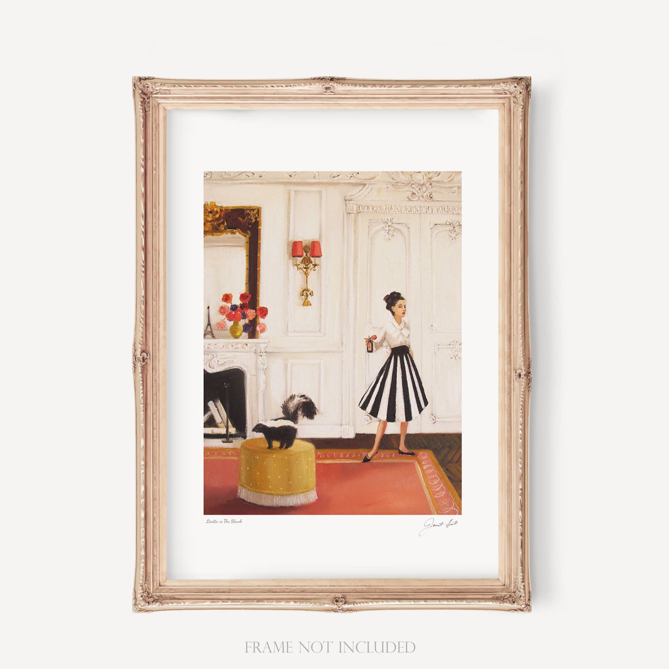 A framed art print featuring a vintage-style illustration of a woman in a black and white dress with a skunk, with a decorative frame, matte paper, and a visible signature.