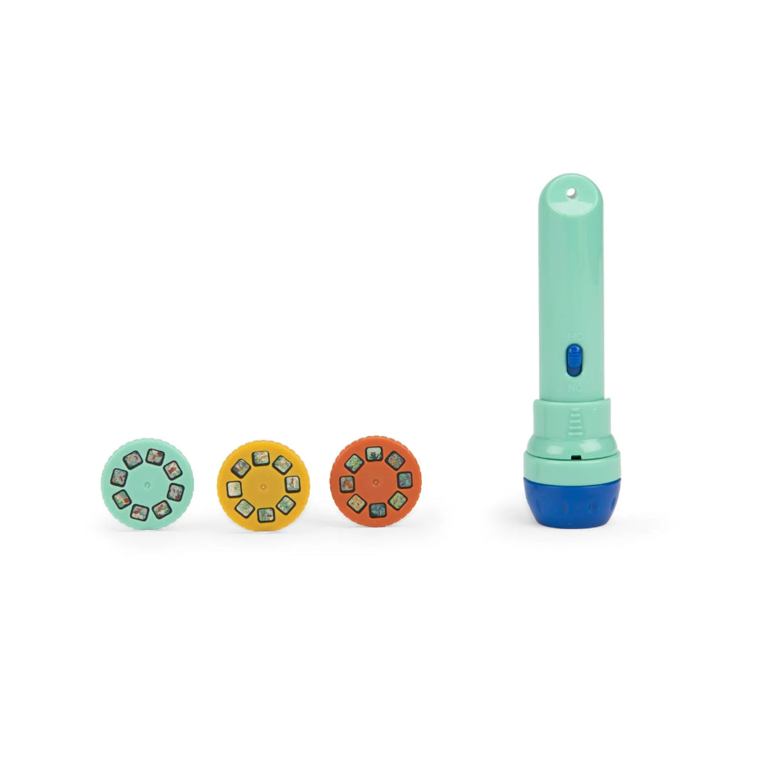 Children's toy set with a flashlight and three circular attachments on a white background