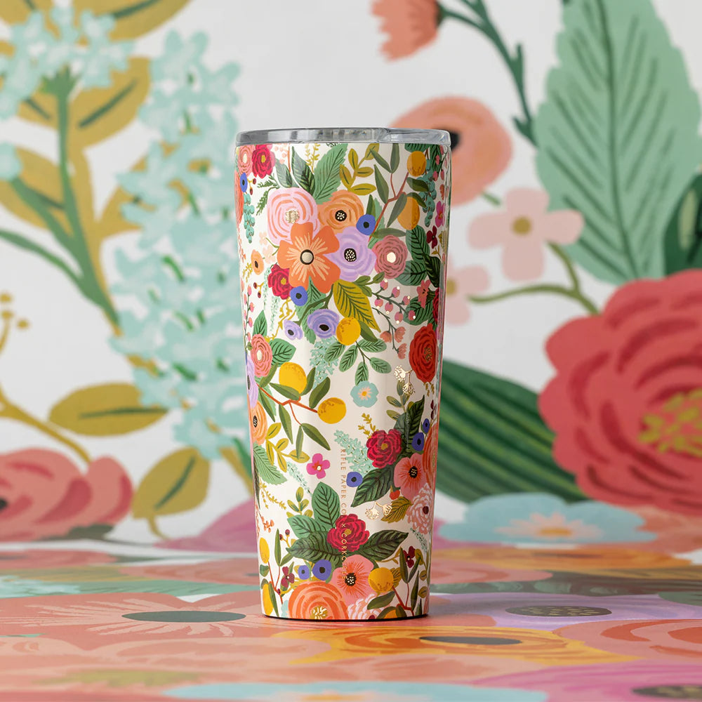 Floral-patterned tumbler on a floral background