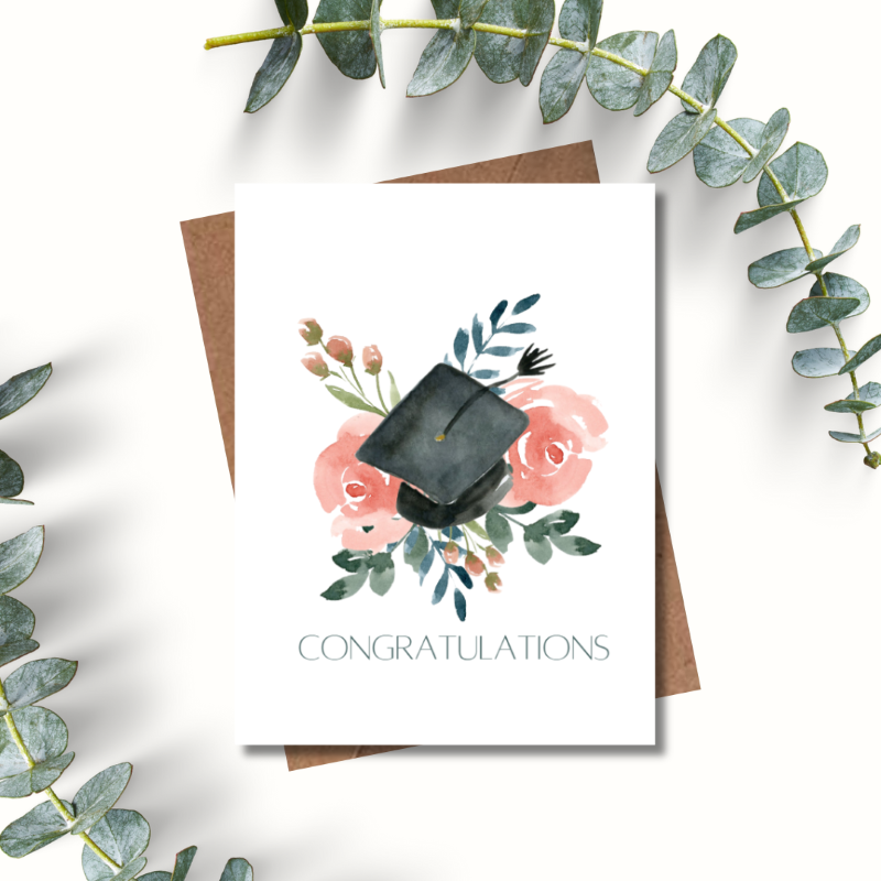 Graduation card with flowers and mortarboard on a white background