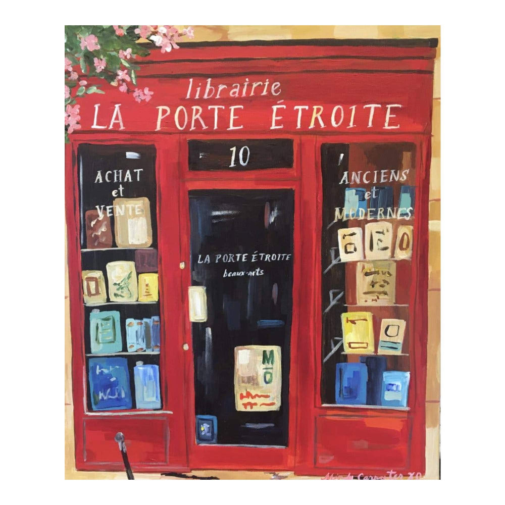 Painting of a red bookshop named 'La Porte Etroite' with books displayed in the window.