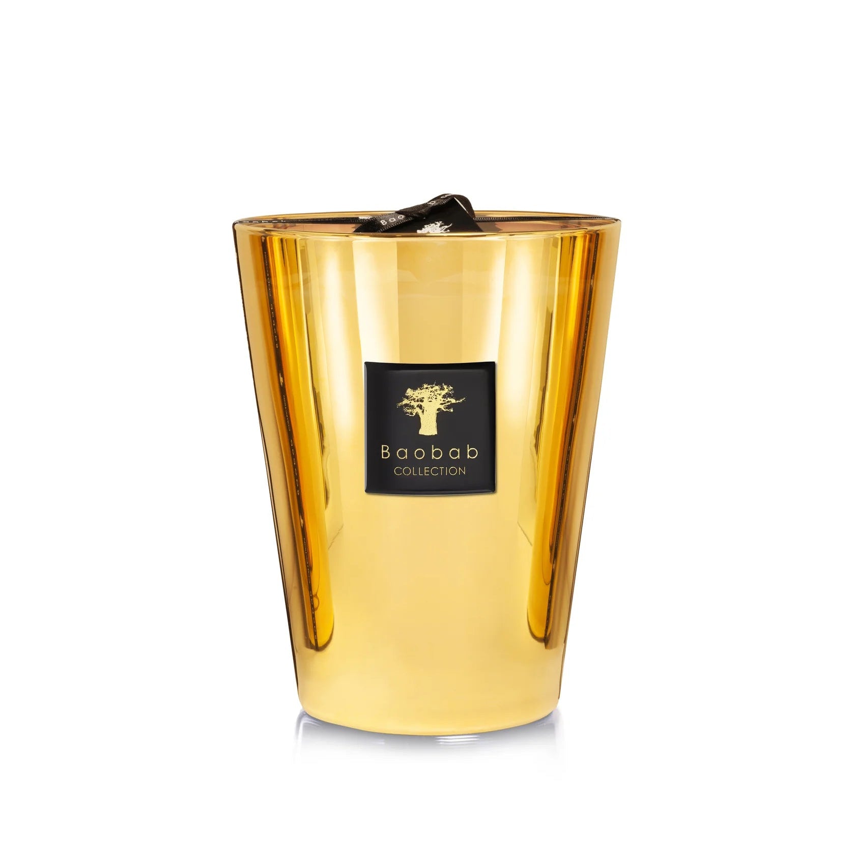A collection of gold colored candles with glass containers, each with a label reading 'Baobab'.