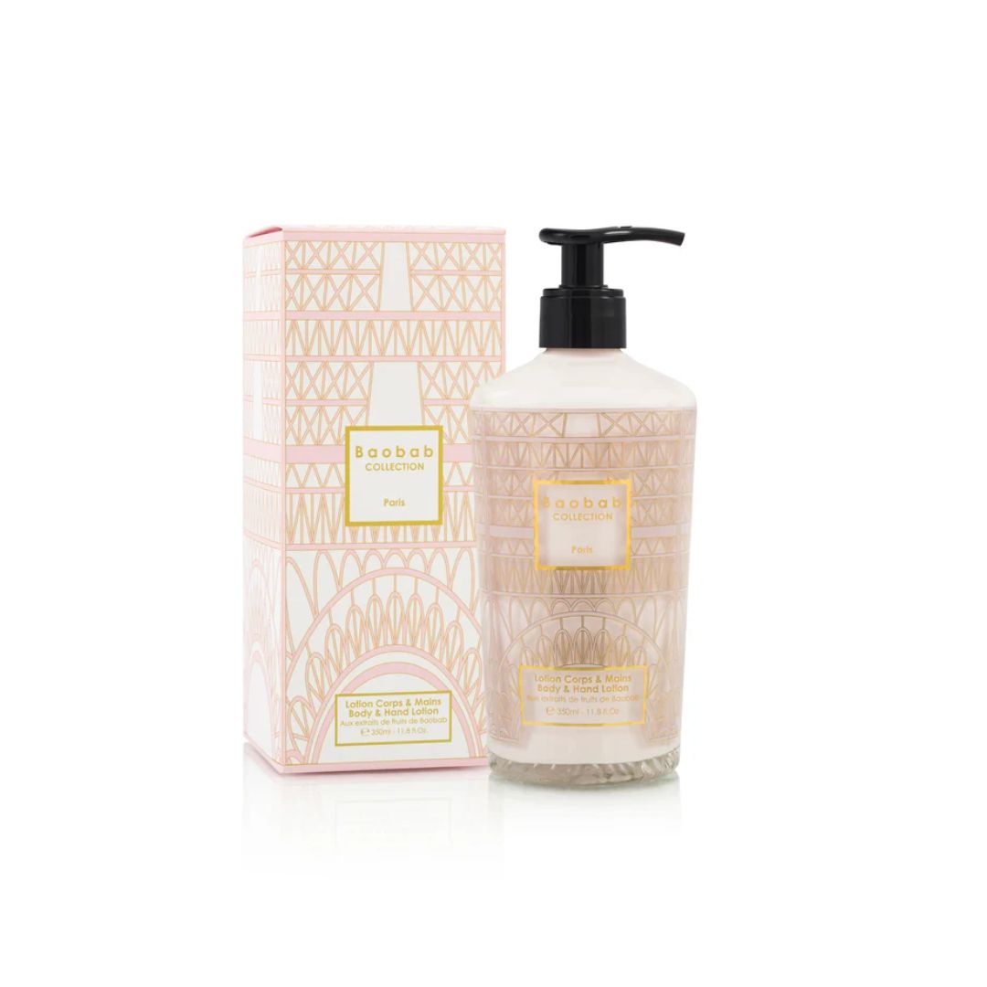 Hand cream bottle with pump and matching box on a white background