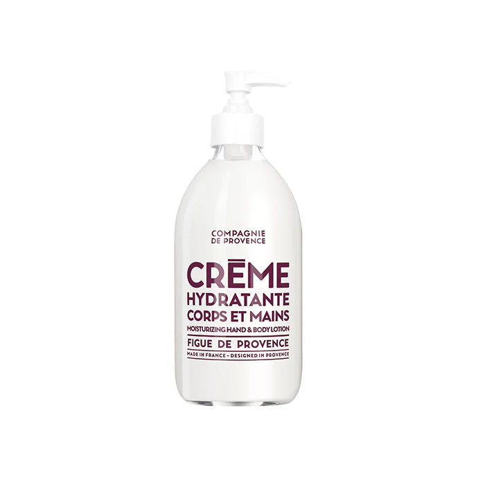 Bottle of Compagnie de Provence hand and body lotion on a white background