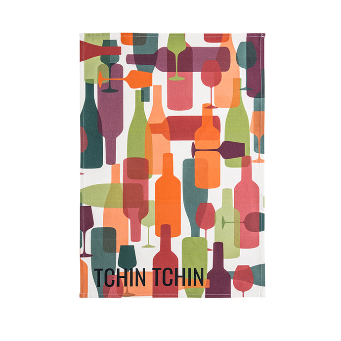 A multicolored cotton tea towel with a pattern of various bottles and the text 'TCHIN TCHIN'.