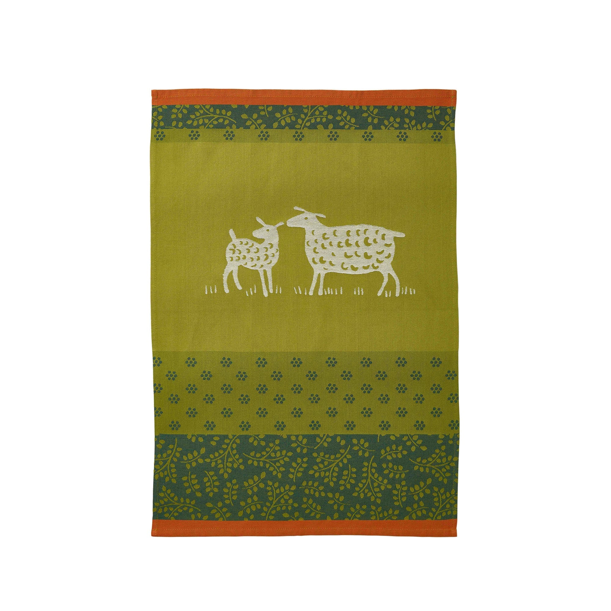 A green and orange jacquard tea towel with sheep patterns and a floral border.