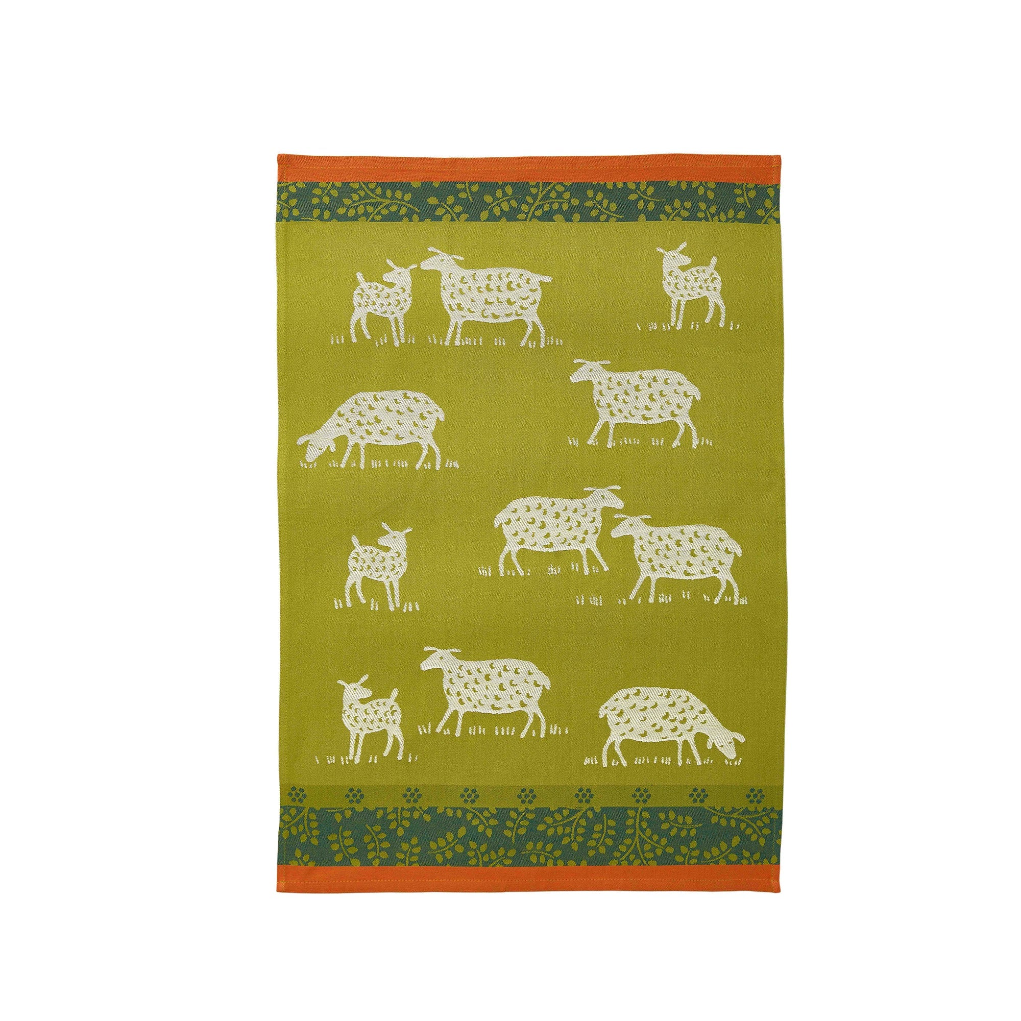 A green jacquard tea towel with a pattern of sheep and a decorative border.